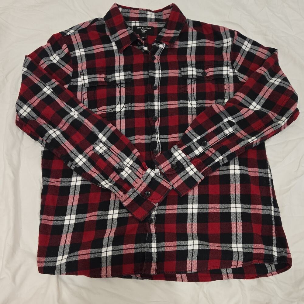 True Religion Men's Plaid Flannel Button-Up Shirt Red Black White Long Sleeve L